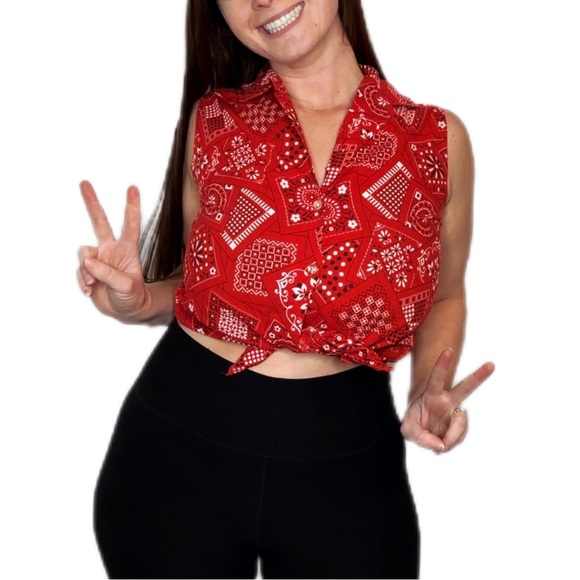 Wash and Wear Tops - VINTAGE 50s Rockabilly Bandana Pattern Red White Black Retro Mod Western Tanktop